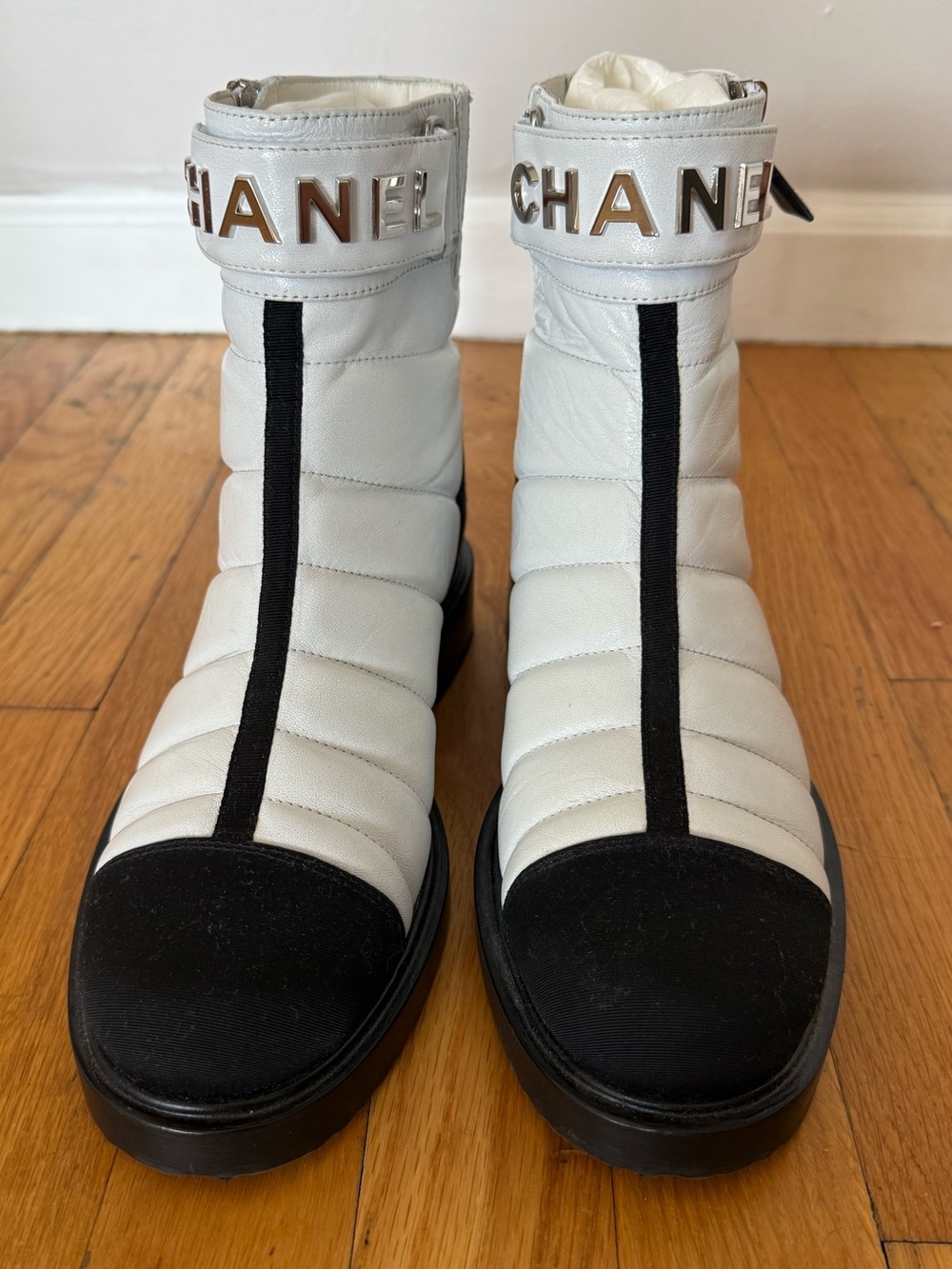 Chanel Logo White and Black boots
